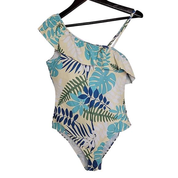 Patpat Womens Swimsuit Medium One Piece Ruffle One Shoulder Yellow Blue NEW - Picture 1 of 5